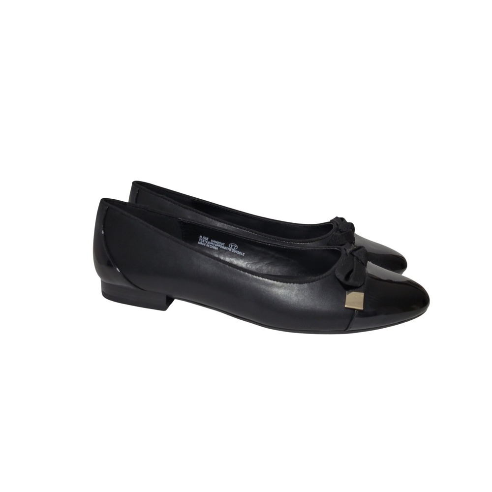 A2 Aerosoles Handout Ballet Flat Shoe Women 8.5 Black Leather Patent Cap Toe Bow